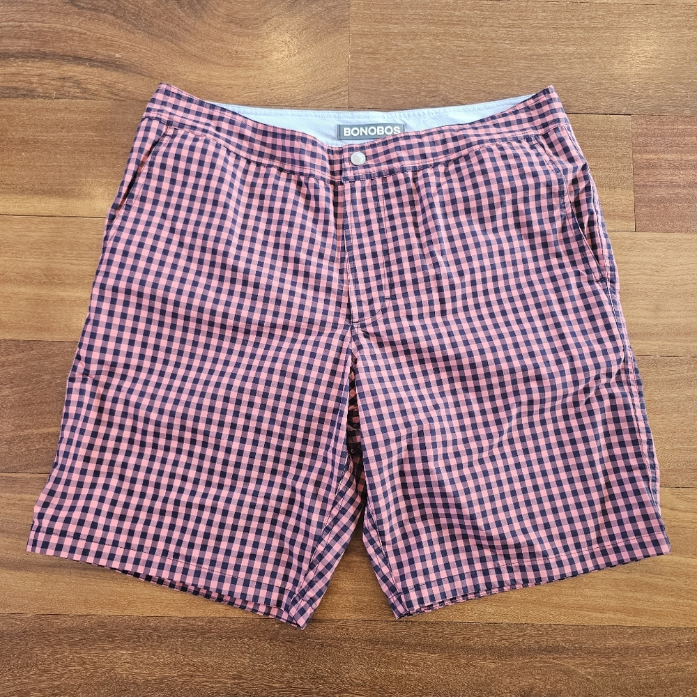 Bonobos Swim Shorts Pink & Navy Blue Gingham Checked Lined Men's Sz 32x9